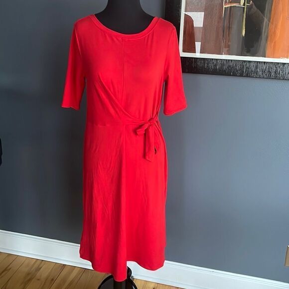 Cuddl Duds cherry red stretch jersey knit crew neck side waist tie midi. XS. - Picture 1 of 6